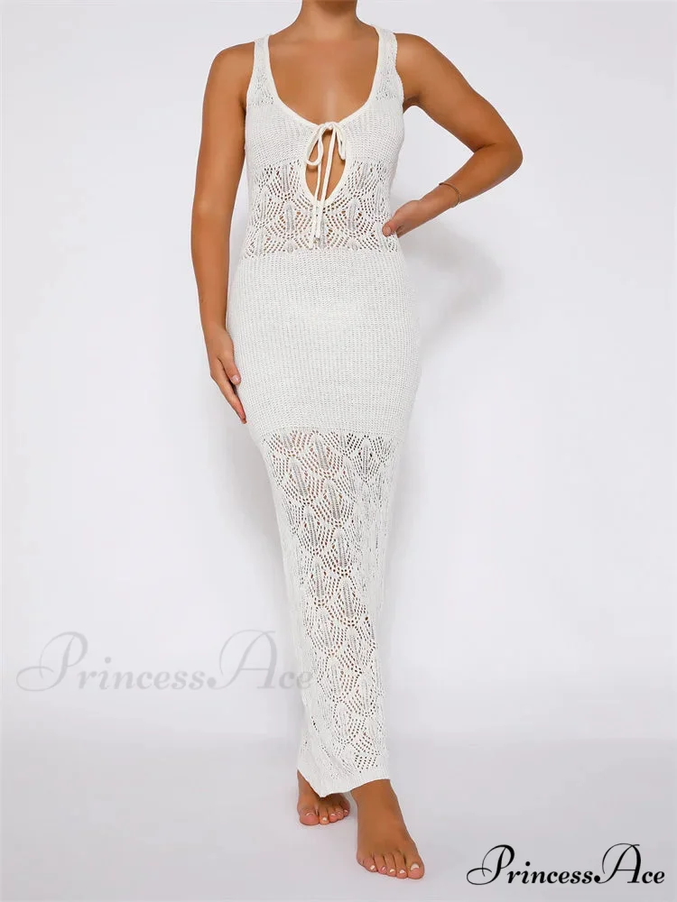 Women Crochet Knitted Hollow Out Backless Spaghetti Strap Halter Lace-up Beachwear Female Vestidos - Image 4