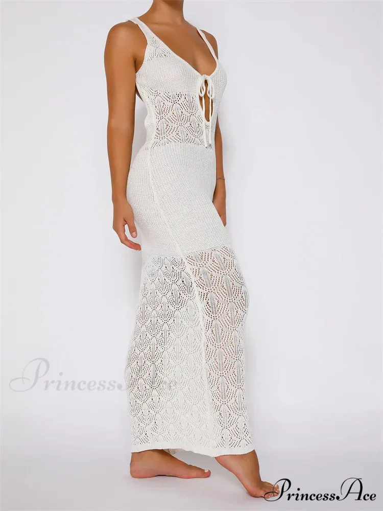 Women Crochet Knitted Hollow Out Backless Spaghetti Strap Halter Lace-up Beachwear Female Vestidos - Image 5