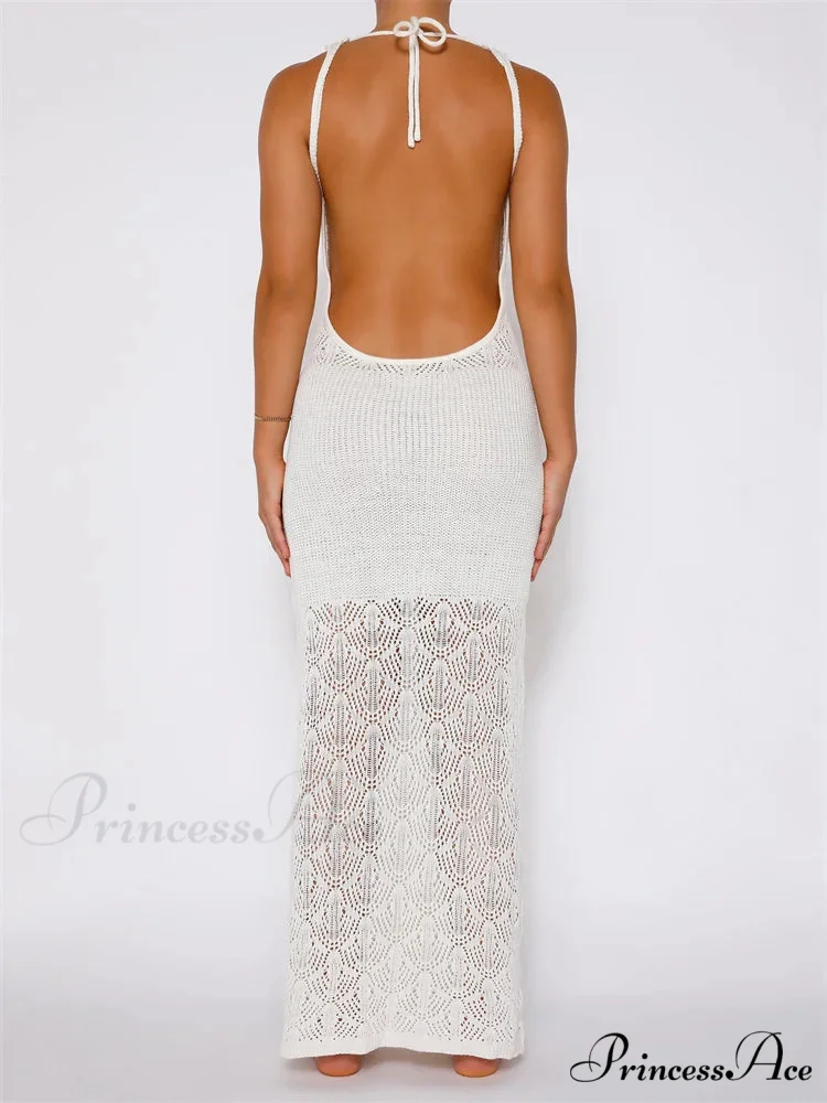 Women Crochet Knitted Hollow Out Backless Spaghetti Strap Halter Lace-up Beachwear Female Vestidos - Image 6