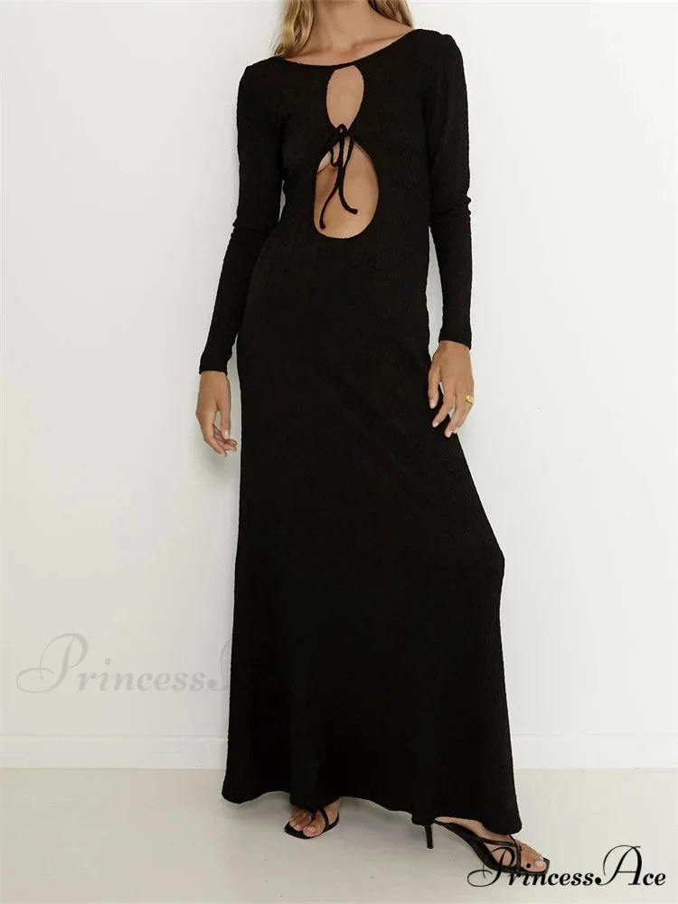 Women Vintage Elegant Sleeve Front Cutout Tie-up Solid Color Solid Color Party Autumn Vestidos - Image 2