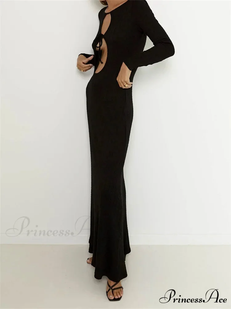 Women Vintage Elegant Sleeve Front Cutout Tie-up Solid Color Solid Color Party Autumn Vestidos - Image 3