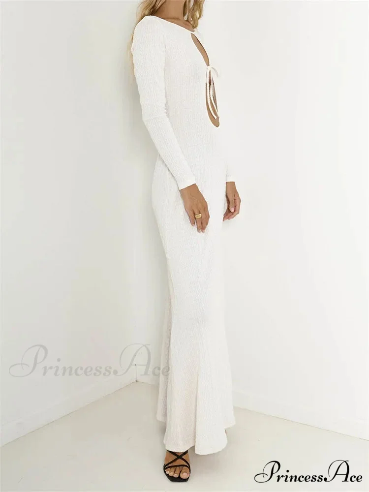 Women Vintage Elegant Sleeve Front Cutout Tie-up Solid Color Solid Color Party Autumn Vestidos - Image 5