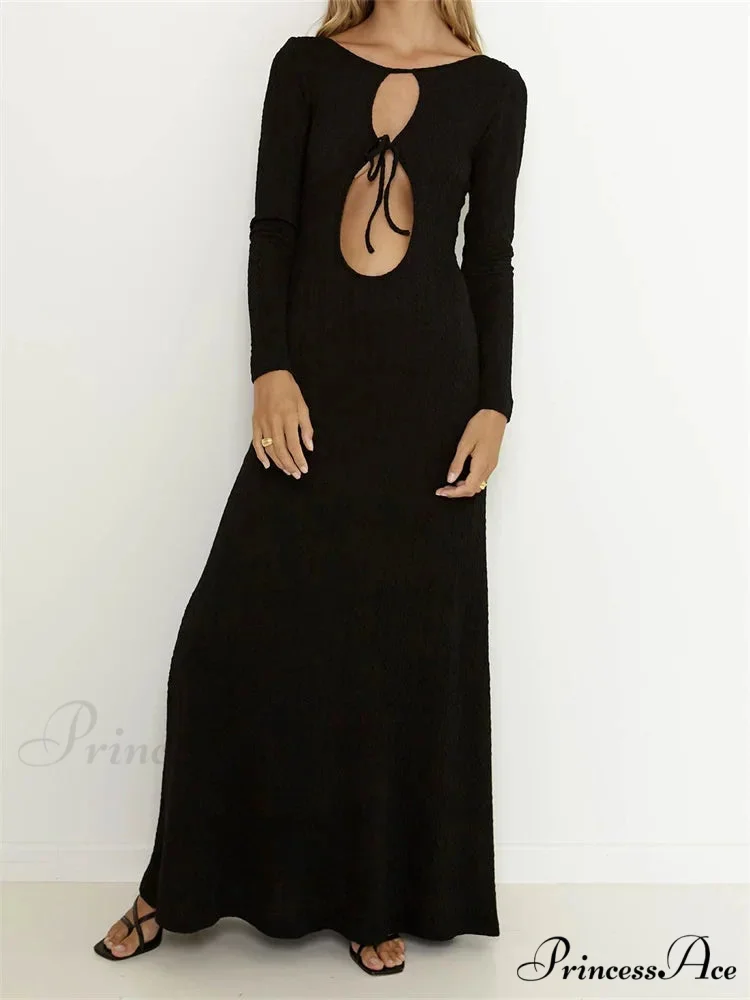 Women Vintage Elegant Sleeve Front Cutout Tie-up Solid Color Solid Color Party Autumn Vestidos - Image 7
