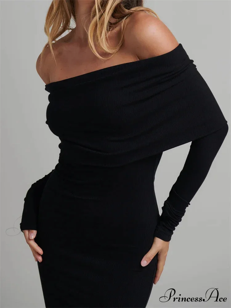 Women Slash Neck Off Shoulder Party Formal Spring Autumn Sleeve Slim Solid Female Vestidos - Image 2