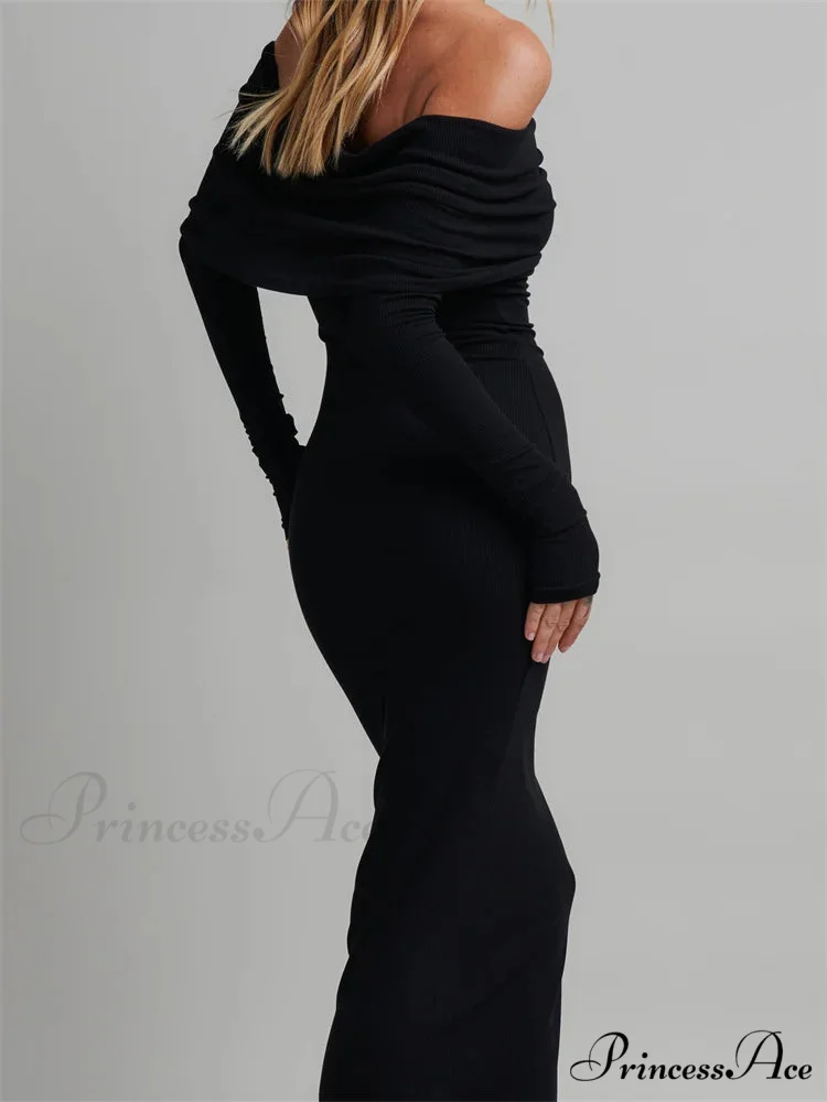 Women Slash Neck Off Shoulder Party Formal Spring Autumn Sleeve Slim Solid Female Vestidos - Image 3