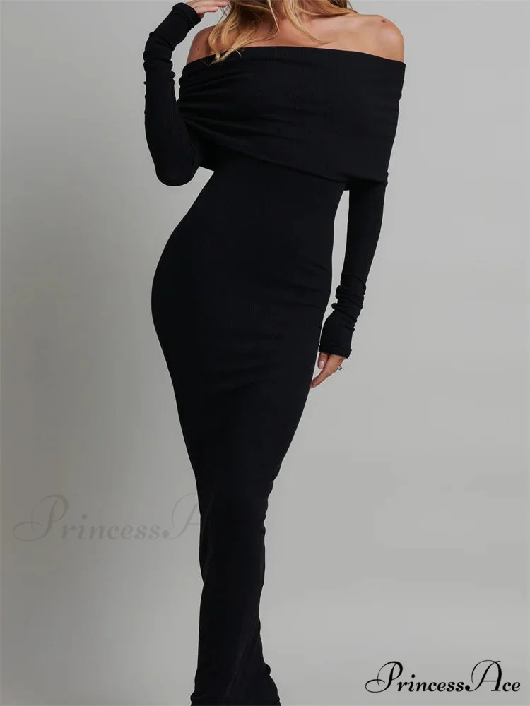 Women Slash Neck Off Shoulder Party Formal Spring Autumn Sleeve Slim Solid Female Vestidos - Image 4