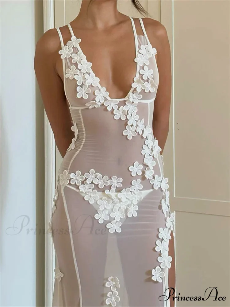 Flowers for Women Sexy Sleeveless Strap High Split Backless Mesh See Through Vestidos Party Clubwear - Image 2