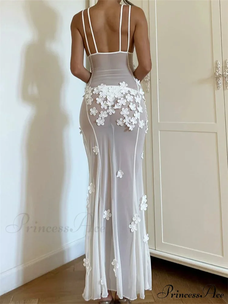 Flowers for Women Sexy Sleeveless Strap High Split Backless Mesh See Through Vestidos Party Clubwear - Image 4