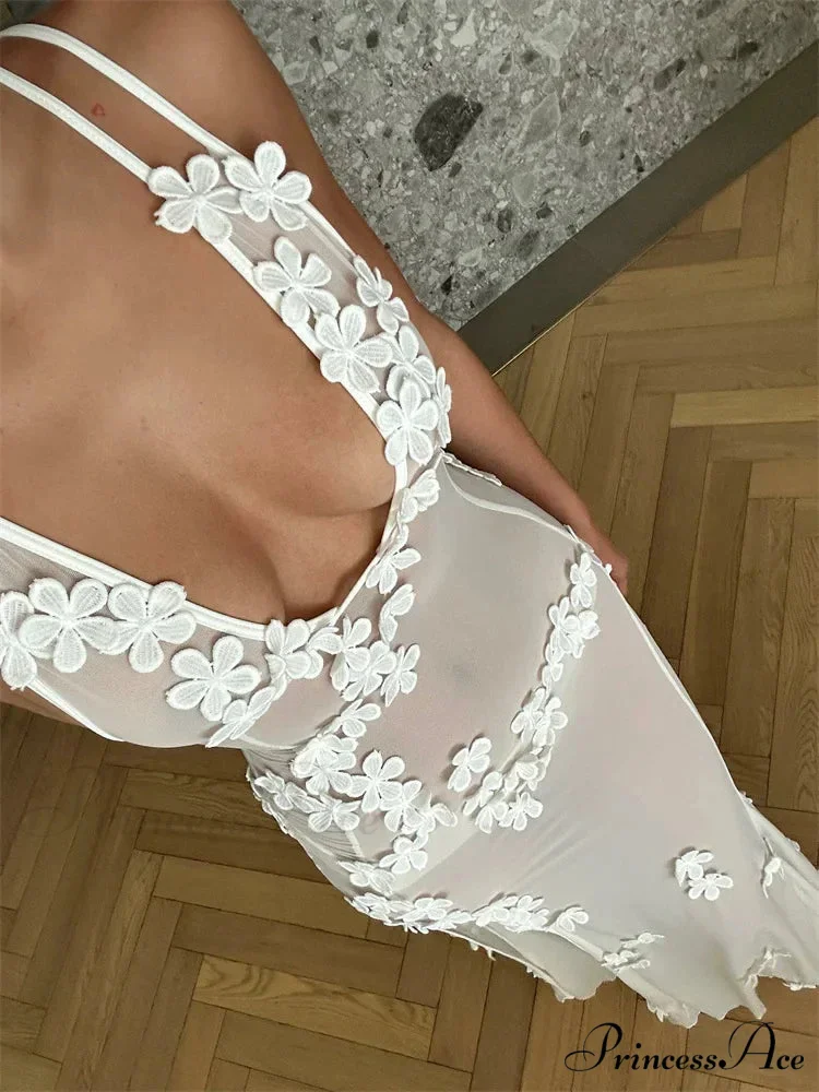 Flowers for Women Sexy Sleeveless Strap High Split Backless Mesh See Through Vestidos Party Clubwear - Image 5