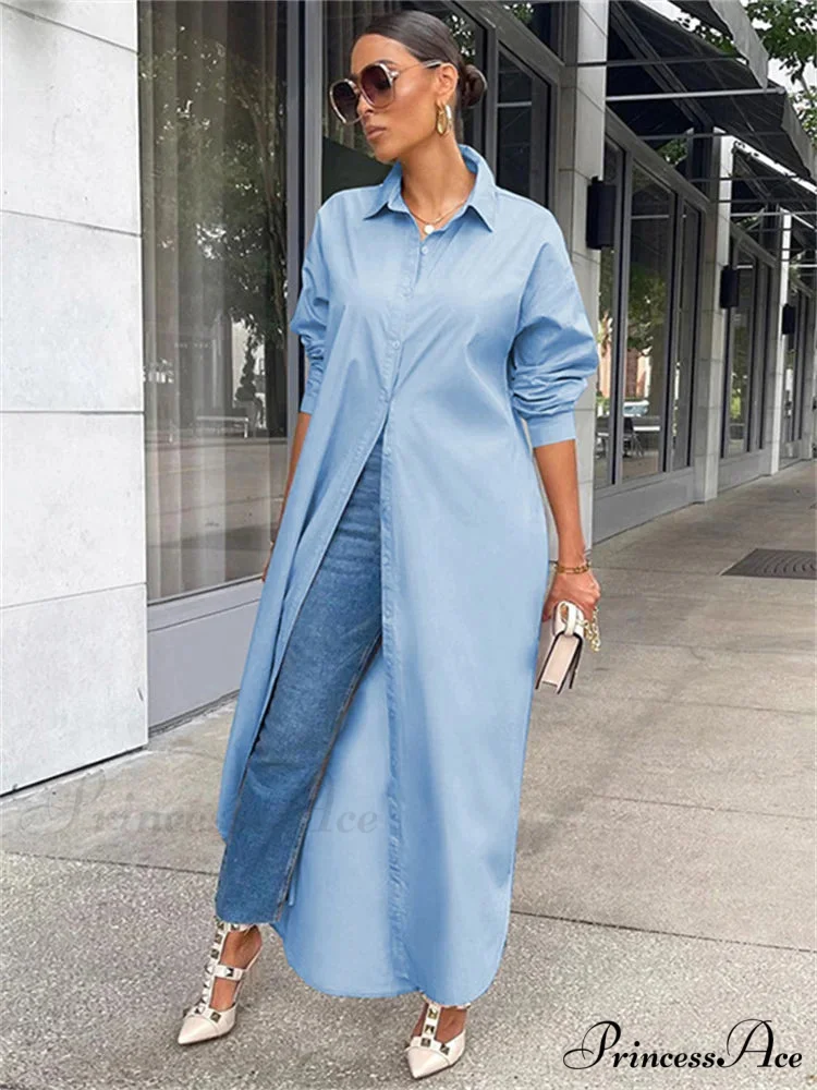 Women Loose Casual Kaftan Shirts Solid Sleeve Lapel Single-breasted Female Vestidos - Image 3