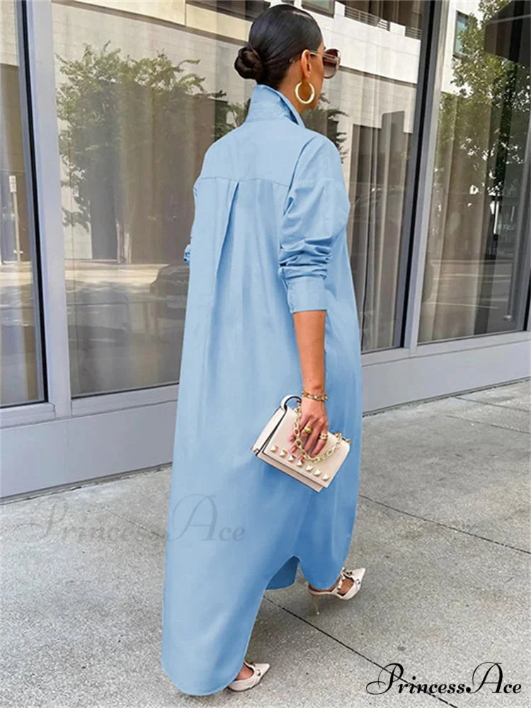 Women Loose Casual Kaftan Shirts Solid Sleeve Lapel Single-breasted Female Vestidos - Image 4