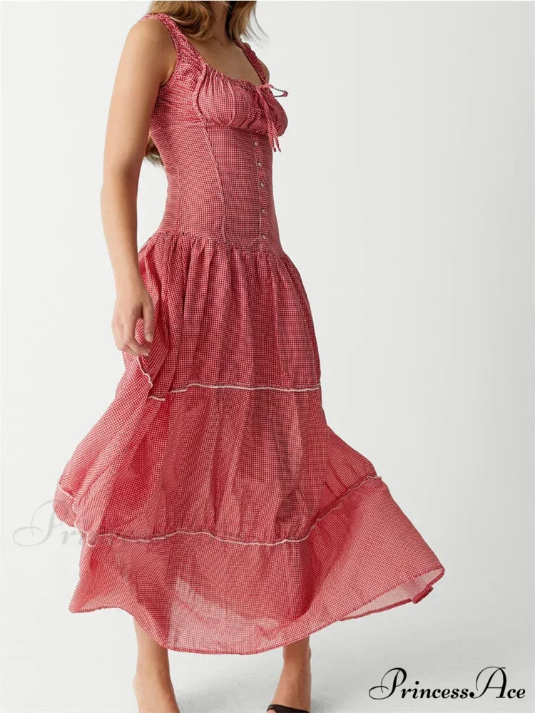 Women Summer Sleeveless Tank Casual Plaid Print Ruffles Party Cocktail Beach Street Ruched Vestidos - Image 2
