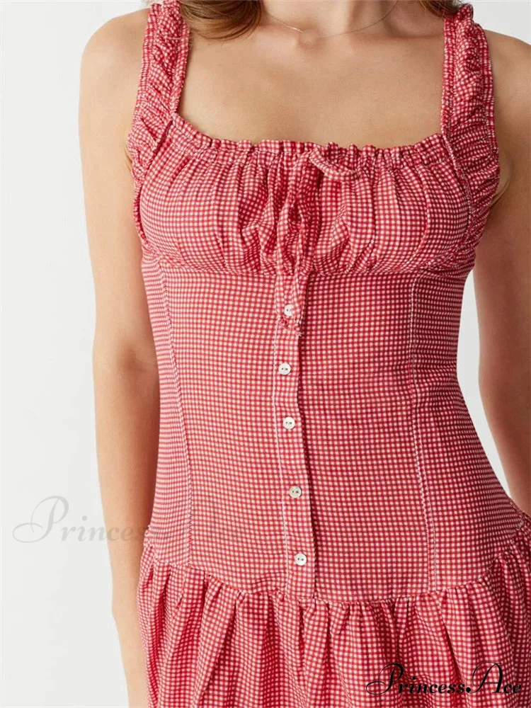 Women Summer Sleeveless Tank Casual Plaid Print Ruffles Party Cocktail Beach Street Ruched Vestidos - Image 3