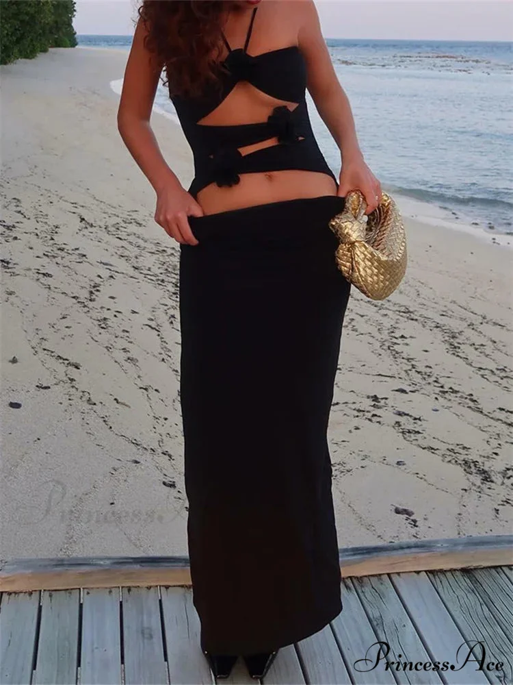 Y2K 3D Flowers Fairy Sexy Hollow Out Slim Summer Back Split Beach Party Club Outfits Vestidos - Image 2