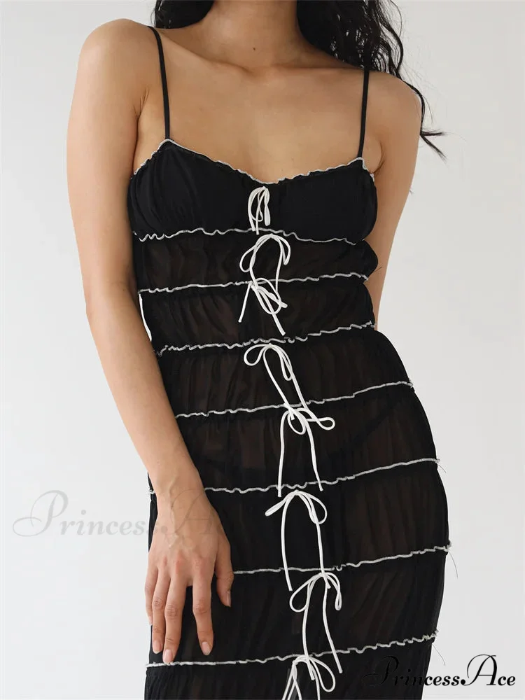Sexy Women Sleeveless Casual Sling Spaghetti Strap See Through Tie-up Sexy Y2K Party Vestidos - Image 3