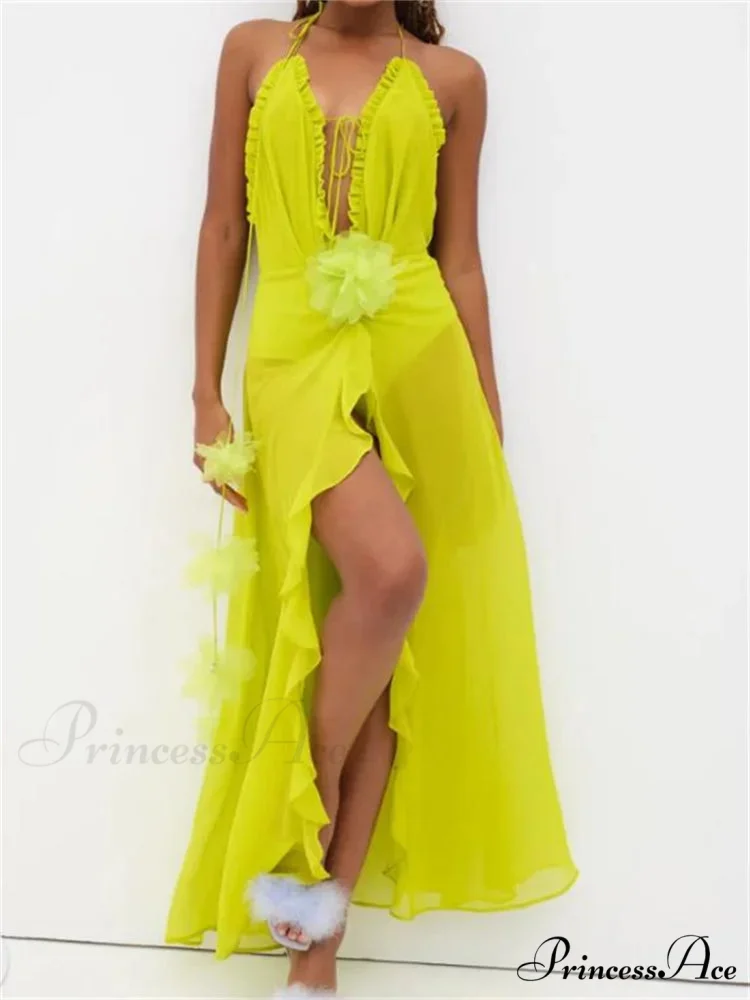 Sexy Women Summer Beach Sleeveless Halter Tie-up Backless See-through Flower Split Ruffles Vestidos - Image 2
