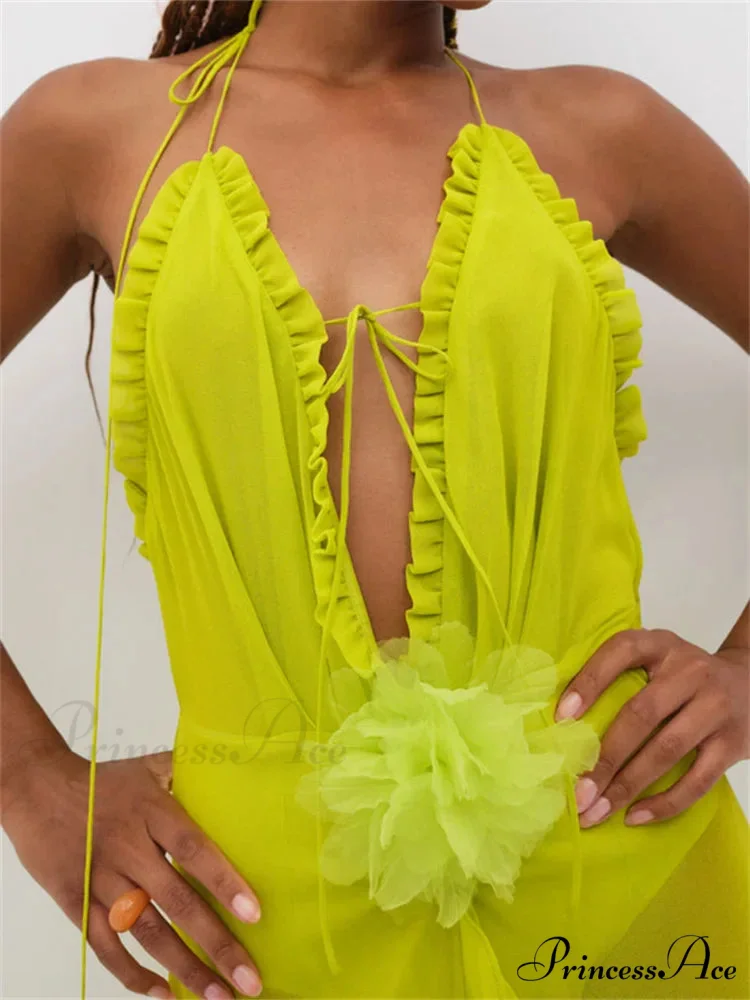 Sexy Women Summer Beach Sleeveless Halter Tie-up Backless See-through Flower Split Ruffles Vestidos - Image 3