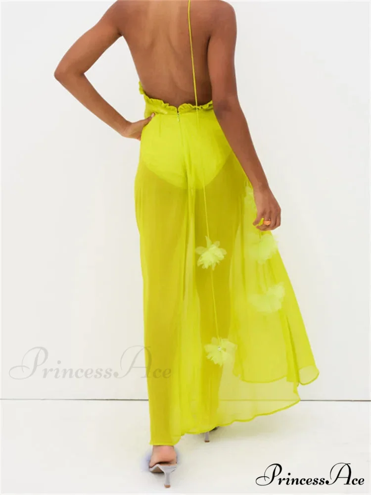 Sexy Women Summer Beach Sleeveless Halter Tie-up Backless See-through Flower Split Ruffles Vestidos - Image 4