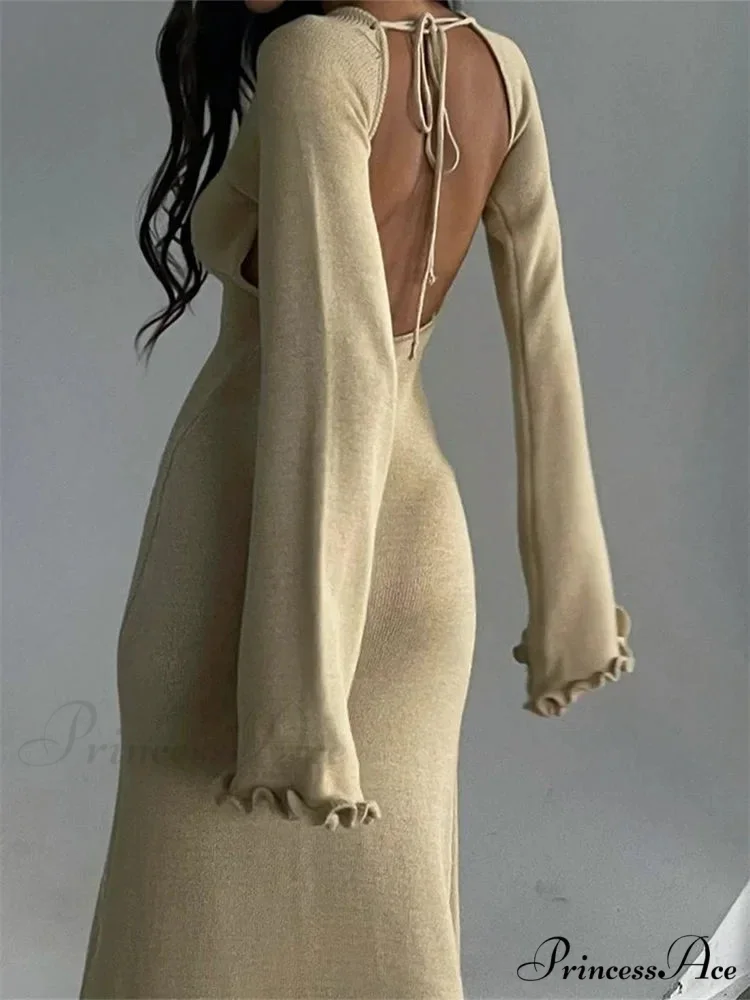 Women Knitted Flare Sleeve Backless Tie-up Round Neck Solid Color Ruffles Hem Beachwear Vestido - Image 5
