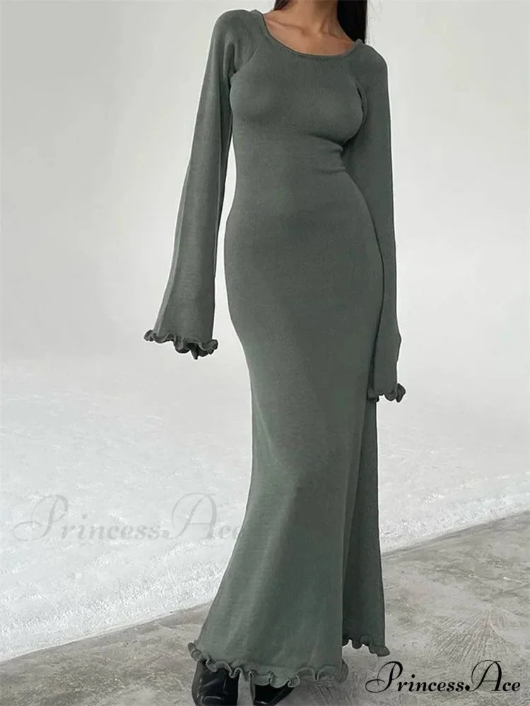 Women Knitted Flare Sleeve Backless Tie-up Round Neck Solid Color Ruffles Hem Beachwear Vestido - Image 6