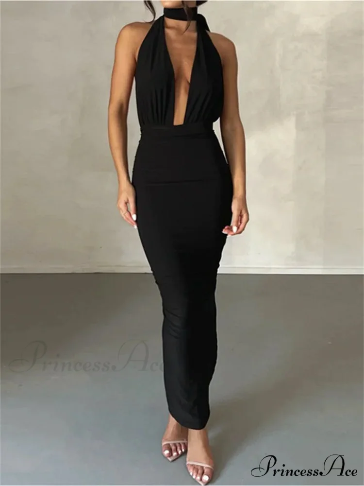 Women Sleeveless Strap Solid Color Deep V-neck Backless High Split Summer Party Ruched Vestidos - Image 3