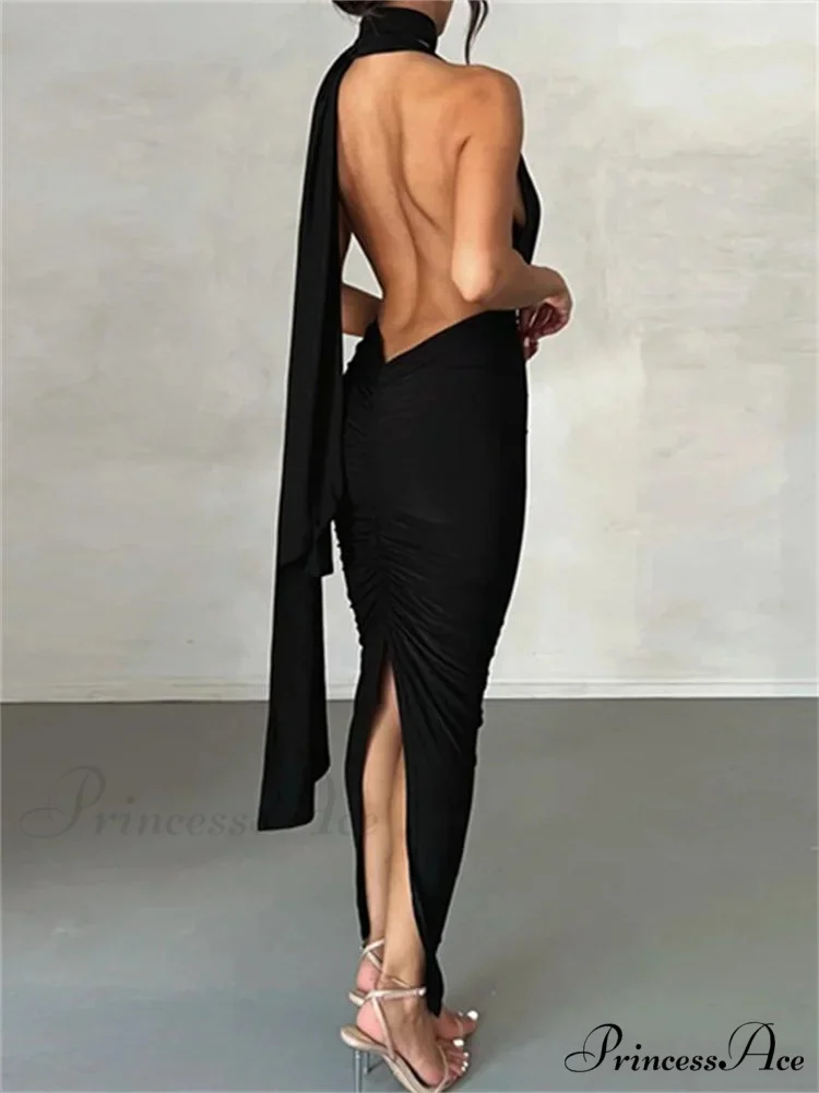 Women Sleeveless Strap Solid Color Deep V-neck Backless High Split Summer Party Ruched Vestidos - Image 4