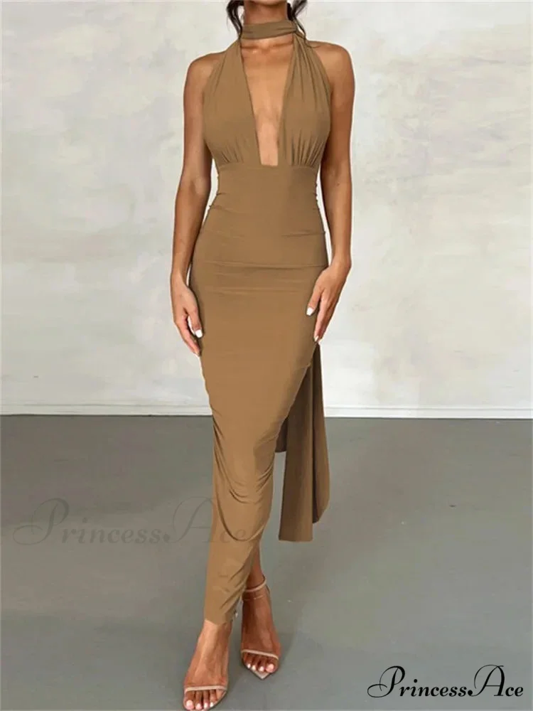 Women Sleeveless Strap Solid Color Deep V-neck Backless High Split Summer Party Ruched Vestidos - Image 5