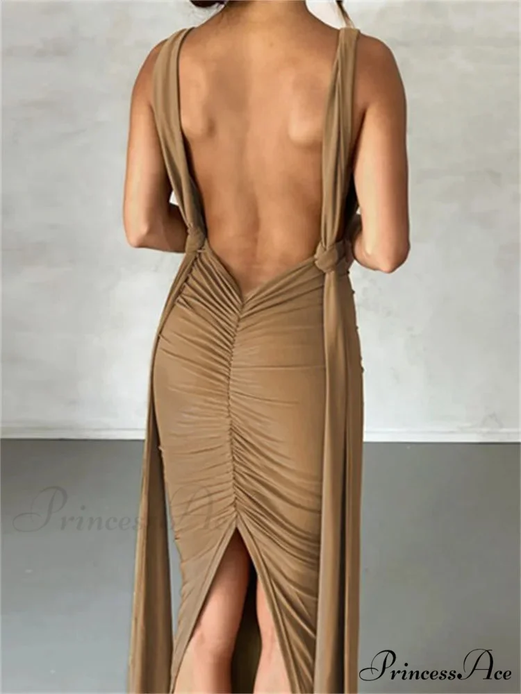 Women Sleeveless Strap Solid Color Deep V-neck Backless High Split Summer Party Ruched Vestidos - Image 6