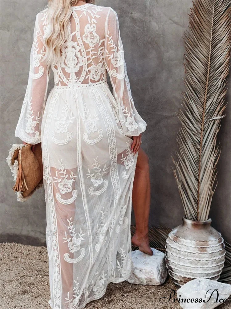 Lace Floral Mesh See Through Summer Deep V-neck Lantern Sleeve Beach Female Vestidos - Image 3