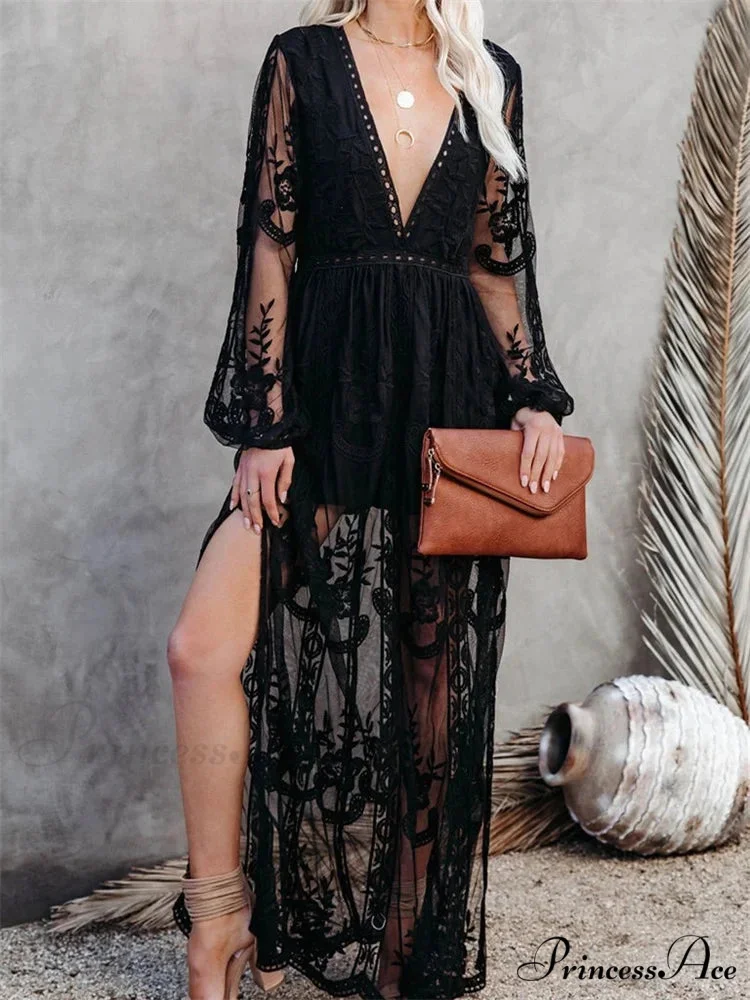 Lace Floral Mesh See Through Summer Deep V-neck Lantern Sleeve Beach Female Vestidos - Image 4