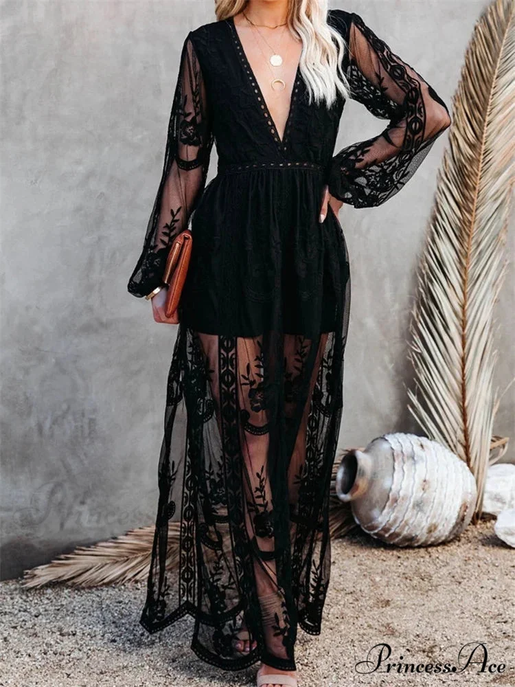 Lace Floral Mesh See Through Summer Deep V-neck Lantern Sleeve Beach Female Vestidos - Image 5