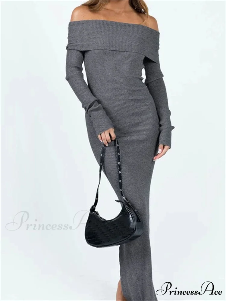 Women Slash Neck Off Shoulder Solid Back Split Hem Casual Sleeve Party Club Vestidos Streetwear - Image 4