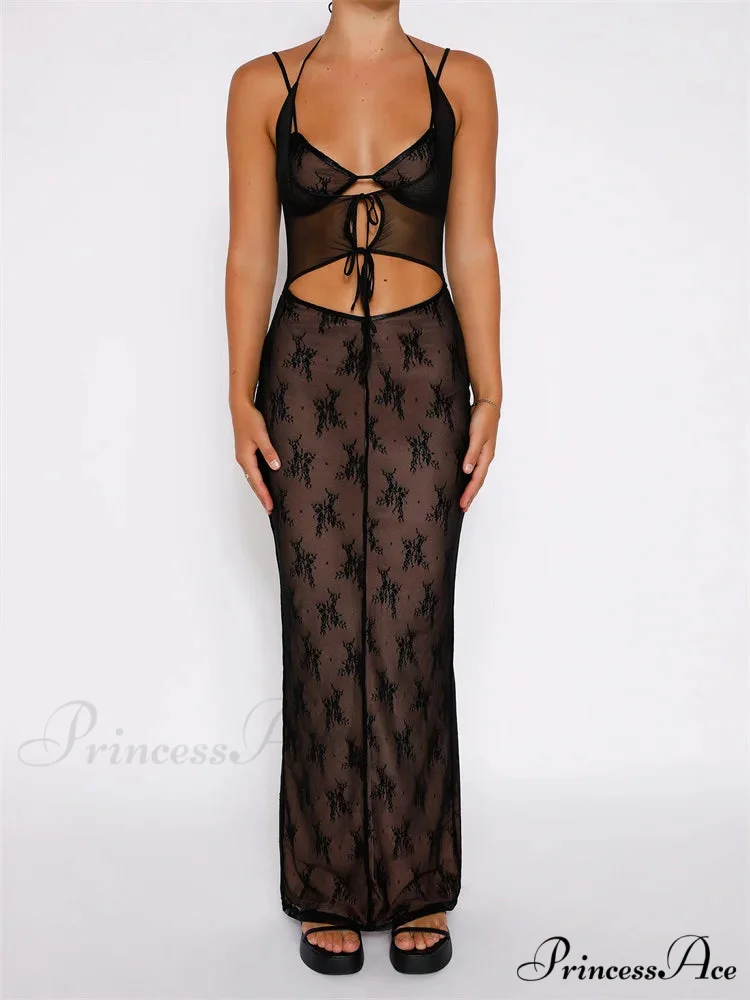 Sexy Women Lace Sleeveless Strap Sling Party Club Mesh See Through Hollow Out Slim Fit Vestidos - Image 5