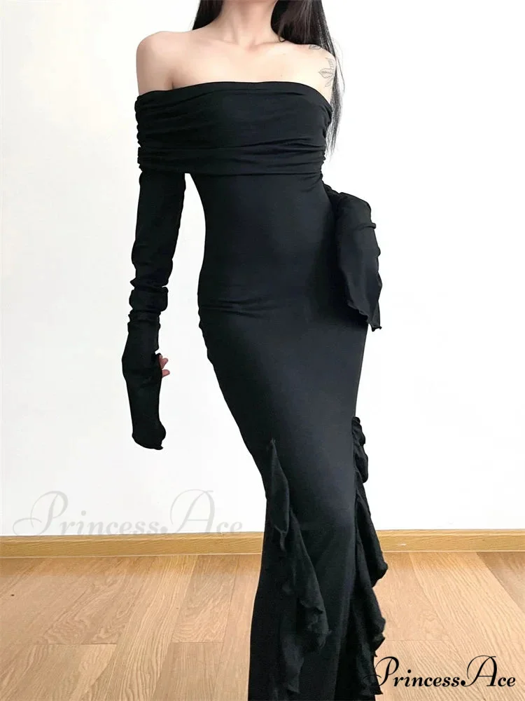 Elegant Women Slash Neck Off Shoulder Flare Sleeve Party Irregular Hem Ruffles Female Vestidos - Image 2