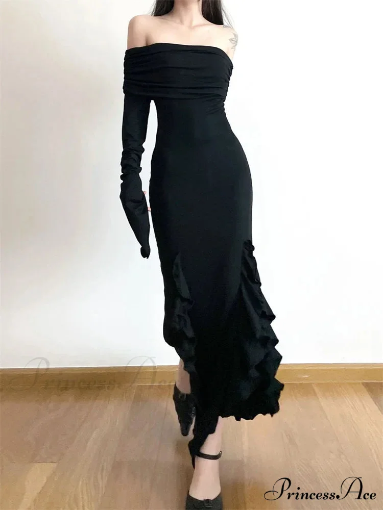 Elegant Women Slash Neck Off Shoulder Flare Sleeve Party Irregular Hem Ruffles Female Vestidos - Image 3
