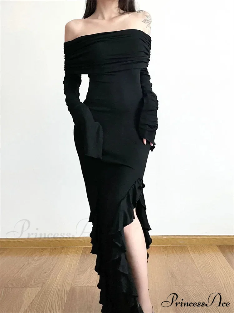 Elegant Women Slash Neck Off Shoulder Flare Sleeve Party Irregular Hem Ruffles Female Vestidos - Image 4