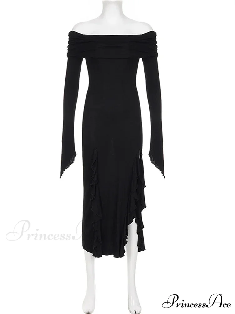 Elegant Women Slash Neck Off Shoulder Flare Sleeve Party Irregular Hem Ruffles Female Vestidos - Image 6