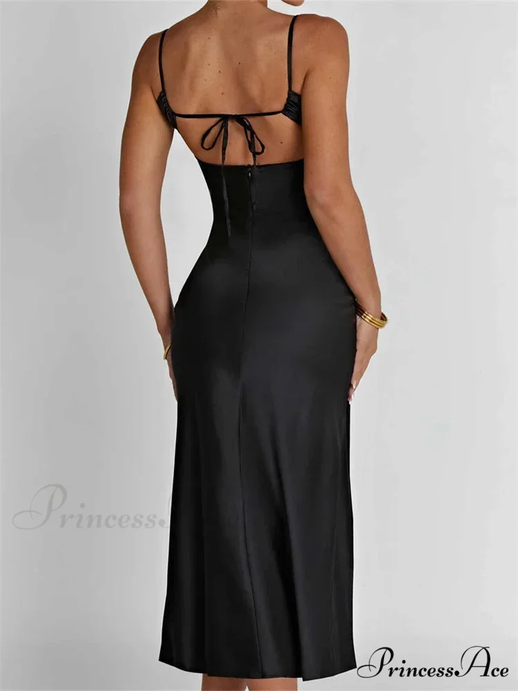 Sexy Women Ruched Lace Low Cut Sleeveless Spaghetti Strap High Split Evening Front Tie-up Vestidos - Image 2