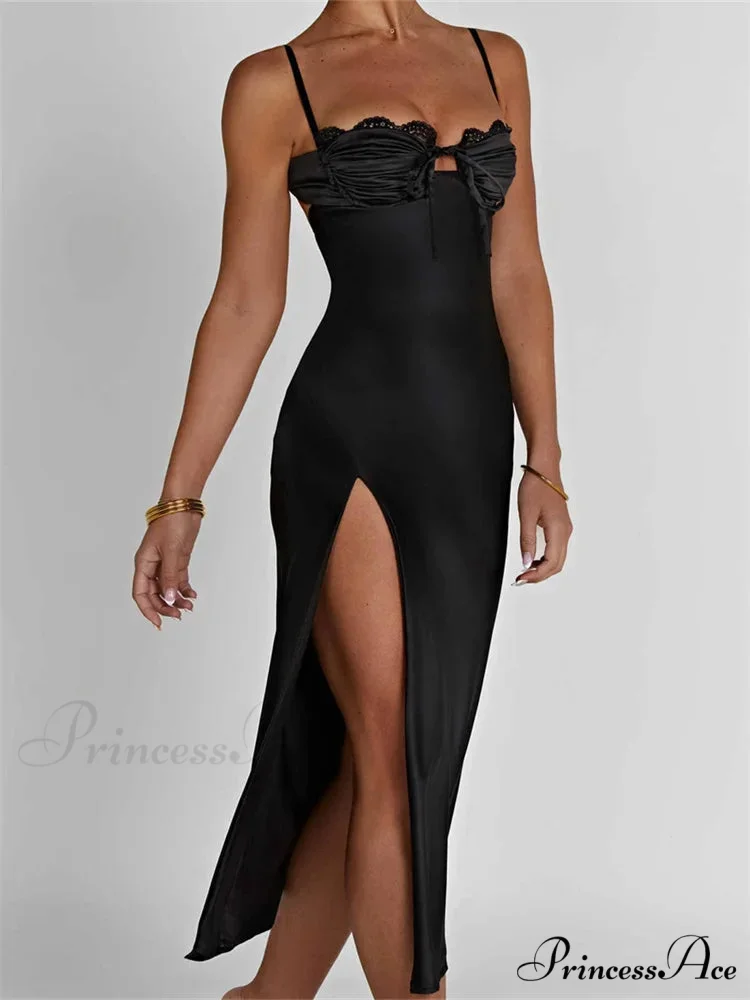 Sexy Women Ruched Lace Low Cut Sleeveless Spaghetti Strap High Split Evening Front Tie-up Vestidos - Image 3