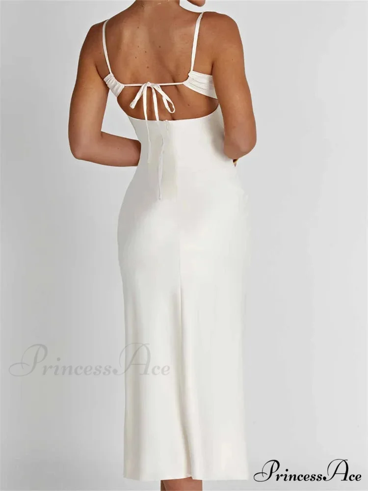 Sexy Women Ruched Lace Low Cut Sleeveless Spaghetti Strap High Split Evening Front Tie-up Vestidos - Image 4