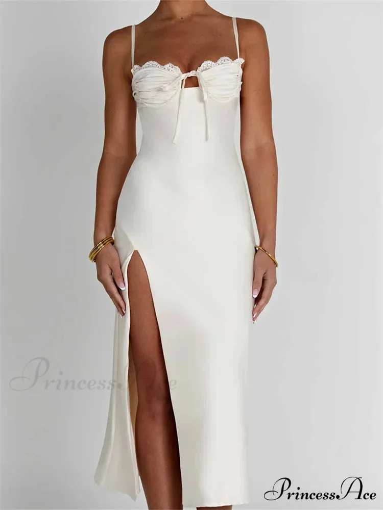 Sexy Women Ruched Lace Low Cut Sleeveless Spaghetti Strap High Split Evening Front Tie-up Vestidos - Image 5