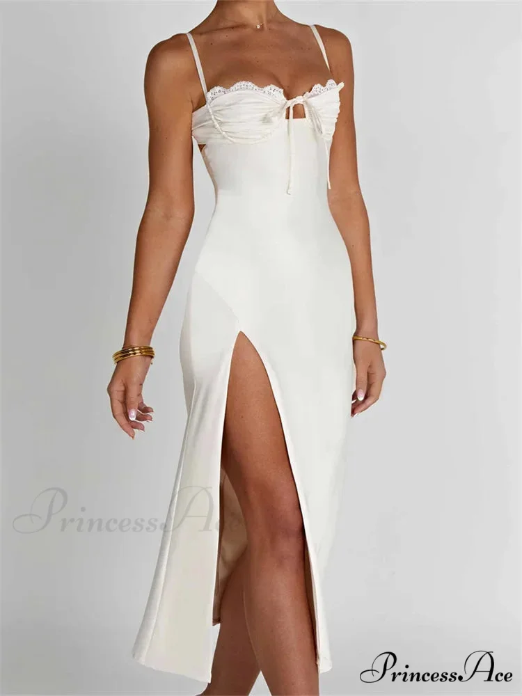 Sexy Women Ruched Lace Low Cut Sleeveless Spaghetti Strap High Split Evening Front Tie-up Vestidos - Image 6