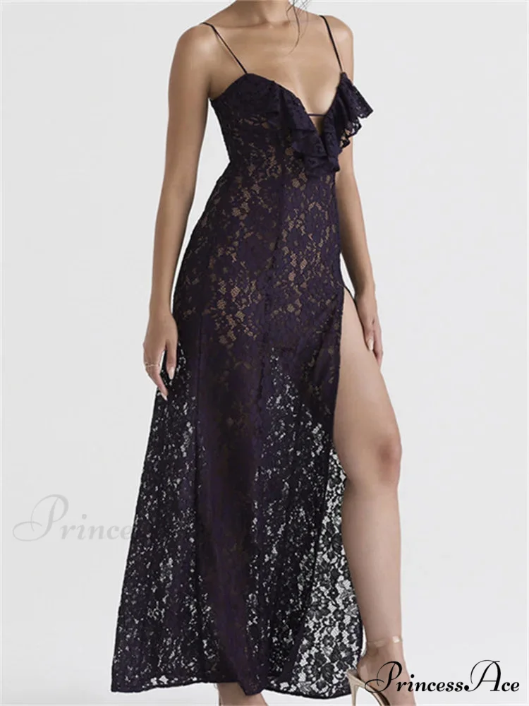 Lace Floral See Through for Women Sexy Sleeveless Strap V-neck Ruffles Patchwork High Split Vestidos - Image 3