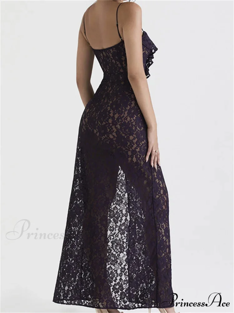Lace Floral See Through for Women Sexy Sleeveless Strap V-neck Ruffles Patchwork High Split Vestidos - Image 4