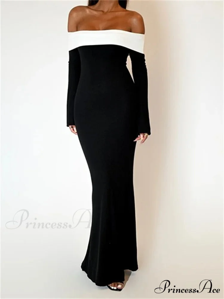 Sexy Women Slash Neck Off Shoulder Sleeve Contrast Color Slim Fit Party Formal Female Vestidos - Image 2