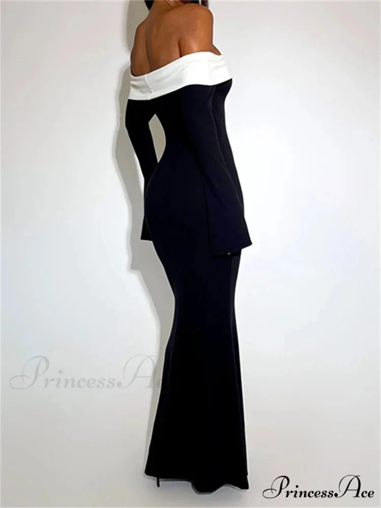 Sexy Women Slash Neck Off Shoulder Sleeve Contrast Color Slim Fit Party Formal Female Vestidos - Image 3
