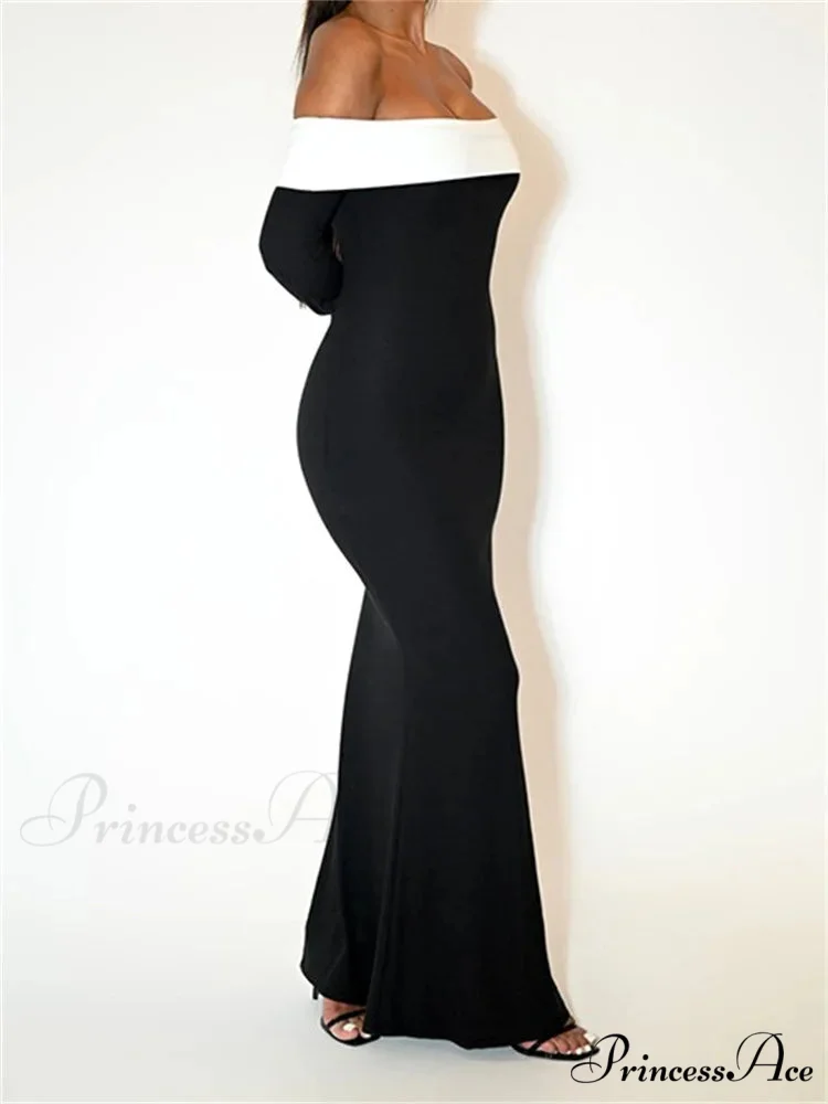 Sexy Women Slash Neck Off Shoulder Sleeve Contrast Color Slim Fit Party Formal Female Vestidos - Image 4