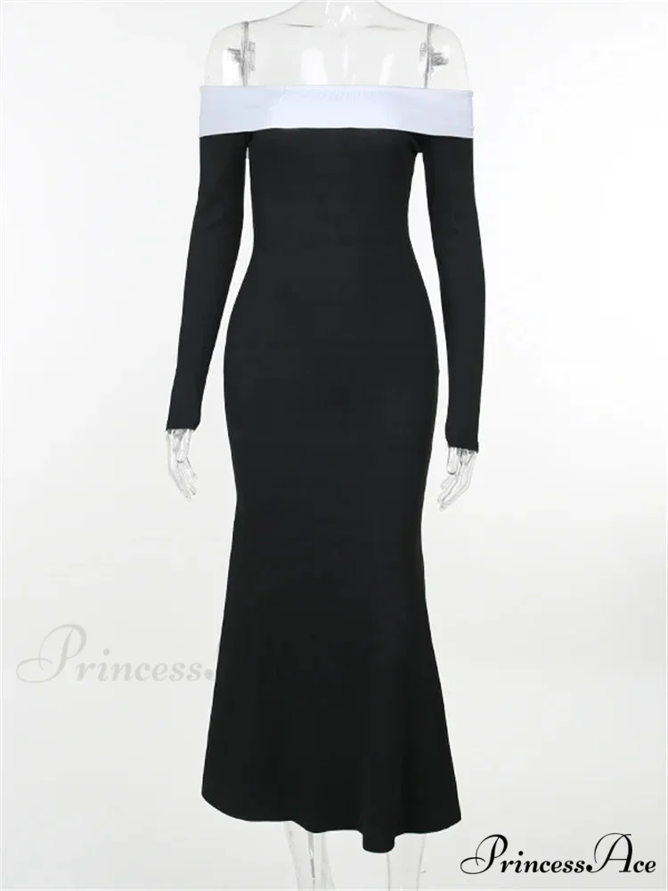 Sexy Women Slash Neck Off Shoulder Sleeve Contrast Color Slim Fit Party Formal Female Vestidos - Image 5