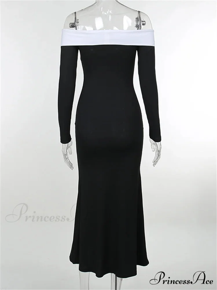 Sexy Women Slash Neck Off Shoulder Sleeve Contrast Color Slim Fit Party Formal Female Vestidos - Image 6