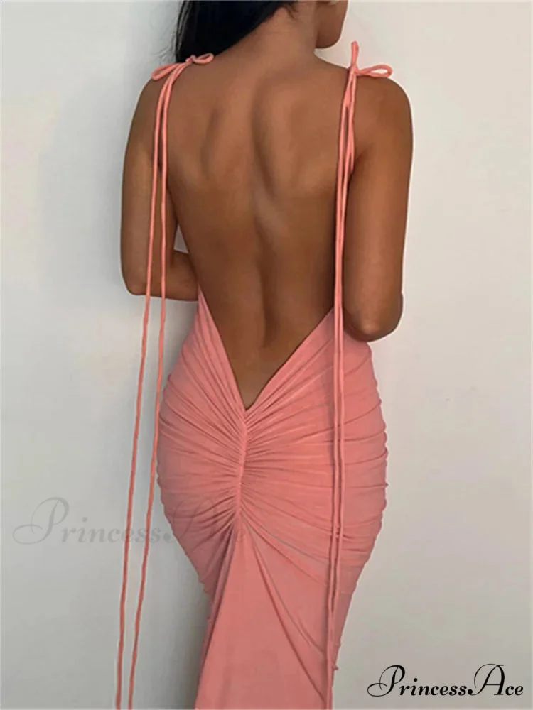 Women Sexy Backless Ruched Adjustable Lace-up Strap Slim Elegant Solid Party Female Vestido Clubwear - Image 2